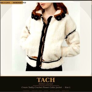 TACH Clothing Bellen Cream Teddy Handknit Crochet Flower Collar Jacket Size L |